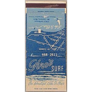 Vtg Matchbook Cover Gino’s Surf Mt. Clemens Michigan MI Lake St. Clair w/ Map